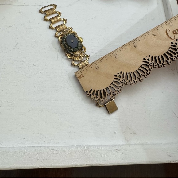 Vintage Art Deco Onyx Oval Seed Pearl Gold Tone Link Intricate Inlay Retro Gift - Picture 16 of 16